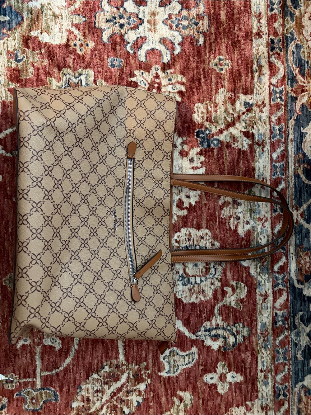 Nine West Beige Patterned Tote with Brown Trim